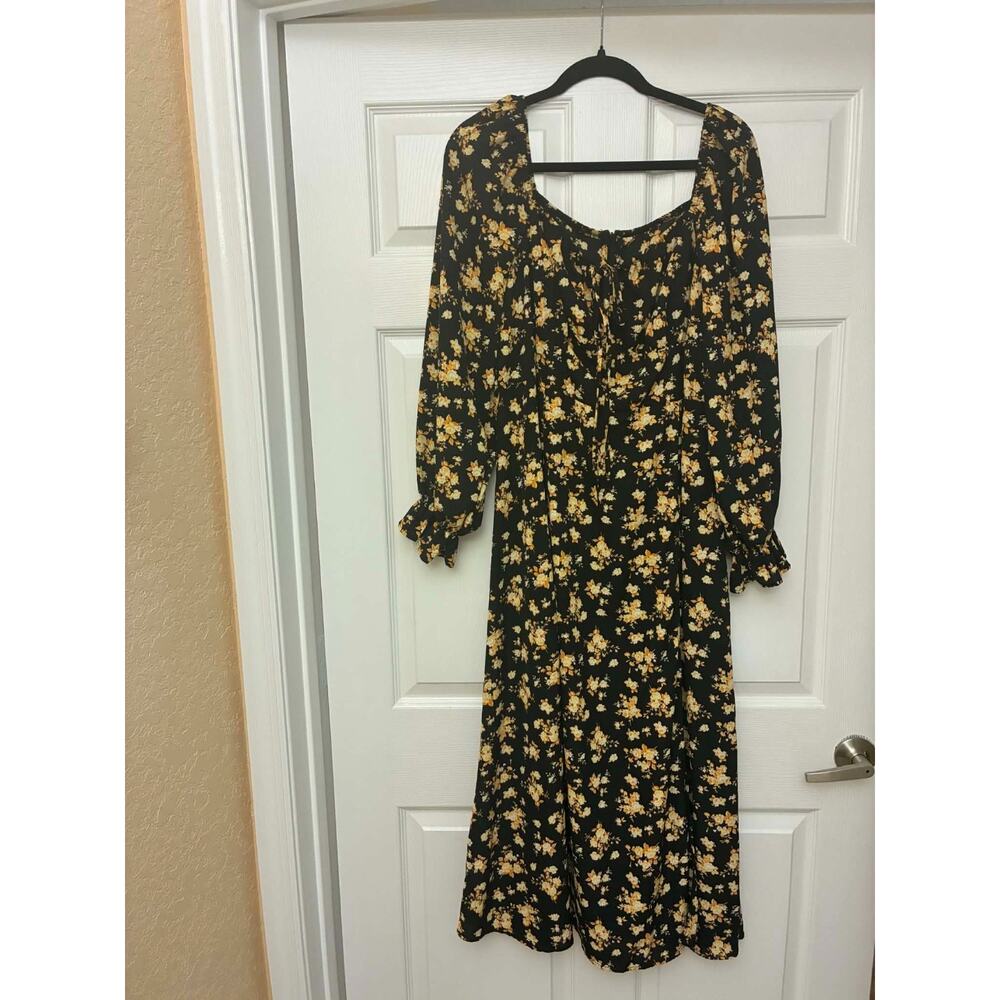 White House Black Market WHBM Black Floral Maxi Dress XL Puff Sleeve Square Neck